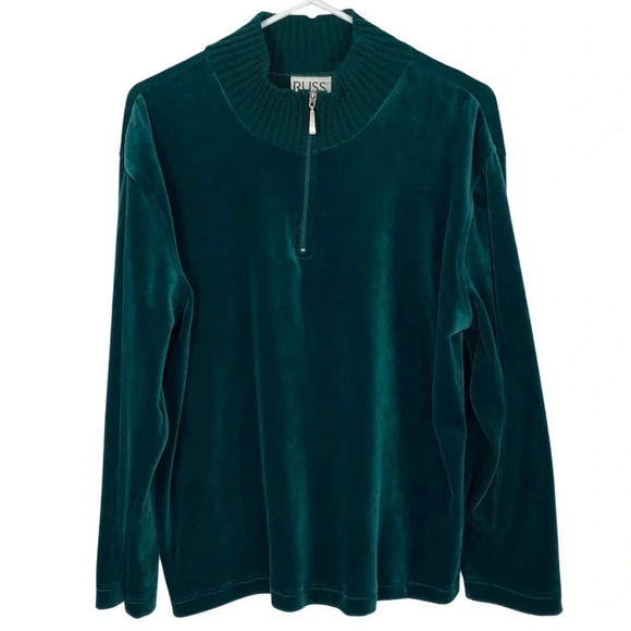 Vintage 90s Granny Mockneck Velour Pullover Sweater Womens Size XL 16 18 Green - Picture 1 of 7